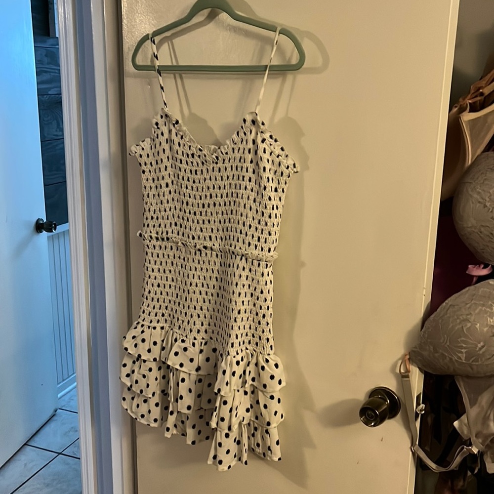 Net perfectly Pricilla stretchy white with blue polka dots mini dress